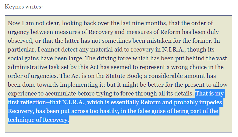 Man, every Keynes quote I read unfolds a basket of new understandingI'd no idea he vocally opposed parts of the New Deal, and that New Deal architects rejected Keynes' ideas (because, get this, they were worried about a balanced budget)True Keynesianism has never been tried?