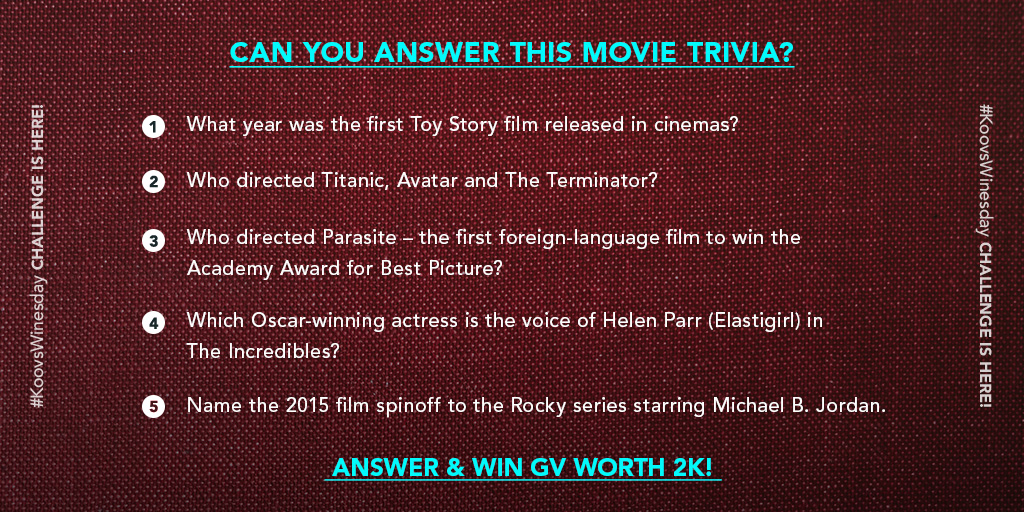 mykoovs's tweet image. #KoovsWinesday Challenge is here! ❤️ Participate by correctly answering this movie quiz and get a chance to win GV worth 2K. 😍
T&amp;amp;C:
1. 2 lucky winners will get 2K GV each.
2. Contest duration is from 29th to 30th July 2020.
.
.
#koovs #contestalert #contestchallenge