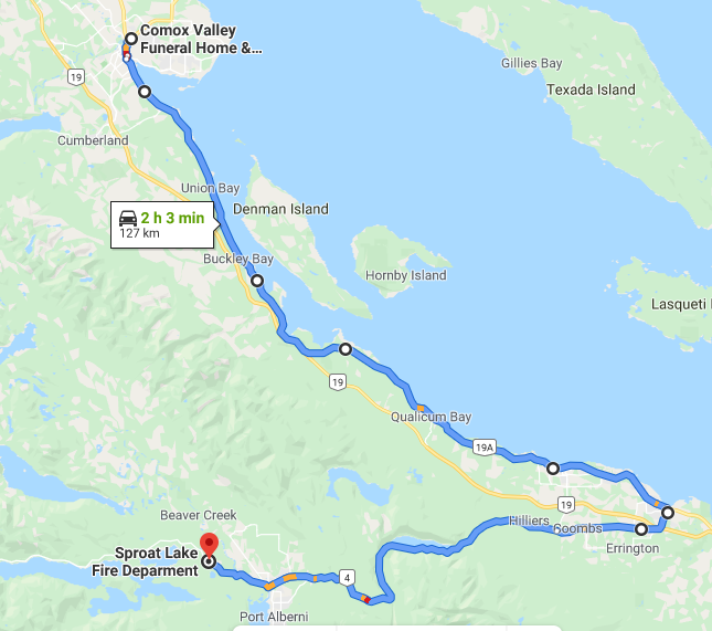 portalbernifire's tweet photo. On Wednesday there will be a procession in honour of @slvfd_ca's Lt. Suits who died in the line of duty on July 16. If you wish to pay respects along the 125 km route we ask that you please practice physical distancing. Details in the article. #LODD #SproatLake #VancouverIsland https://t.co/W229eiUgPu