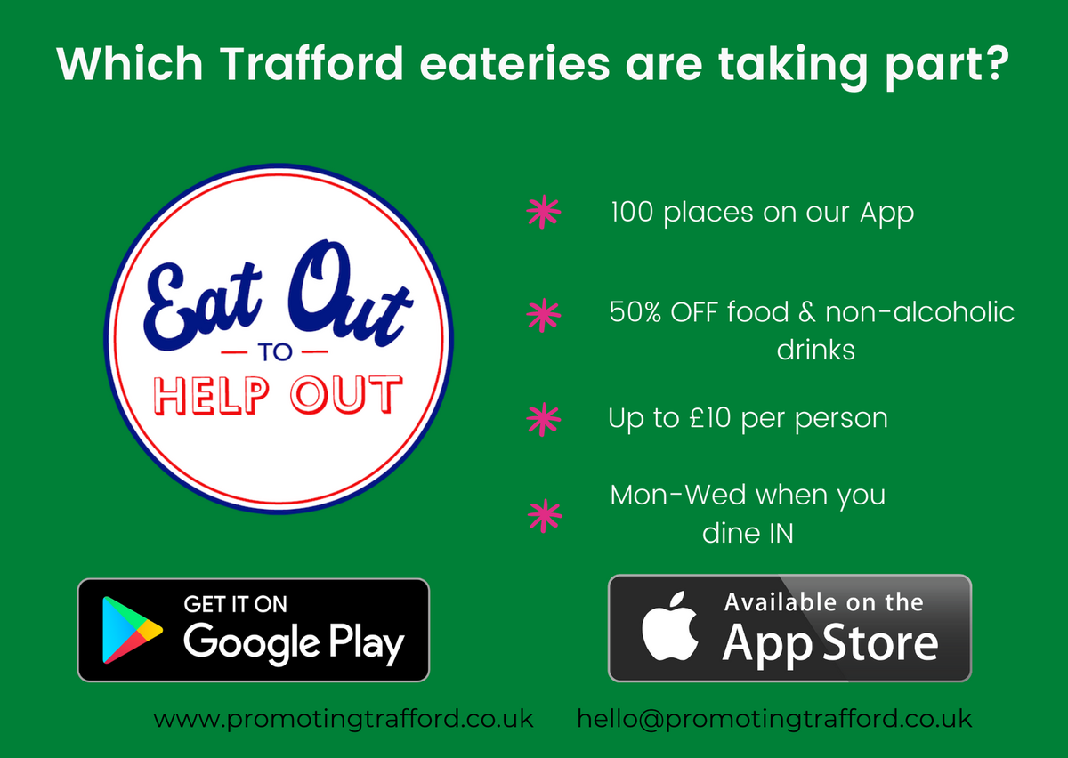 We've uploaded over 100 eateries taking part in the #EatOutToHelpOut scheme in August onto our App today.

Download for free and support local businesses :)

#Trafford #Altrincham #Saletown #Urmston #Stretford #Hale #Partington #Timperley