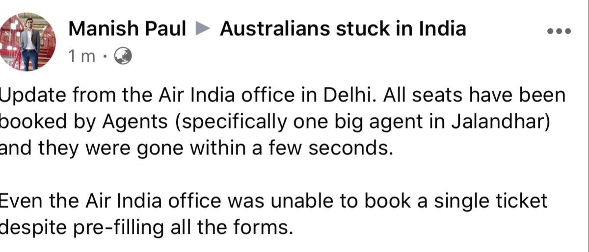 RajuTiwari007's tweet photo. @airindiain @HardeepSPuri @AusHCIndia 
The ticket from Delhi to Adelaide never opened for passengers to book at 10 am as it was all booked by Agents before hand.
Is this a money making strategy or VBM? https://t.co/eSiMgVkw2B