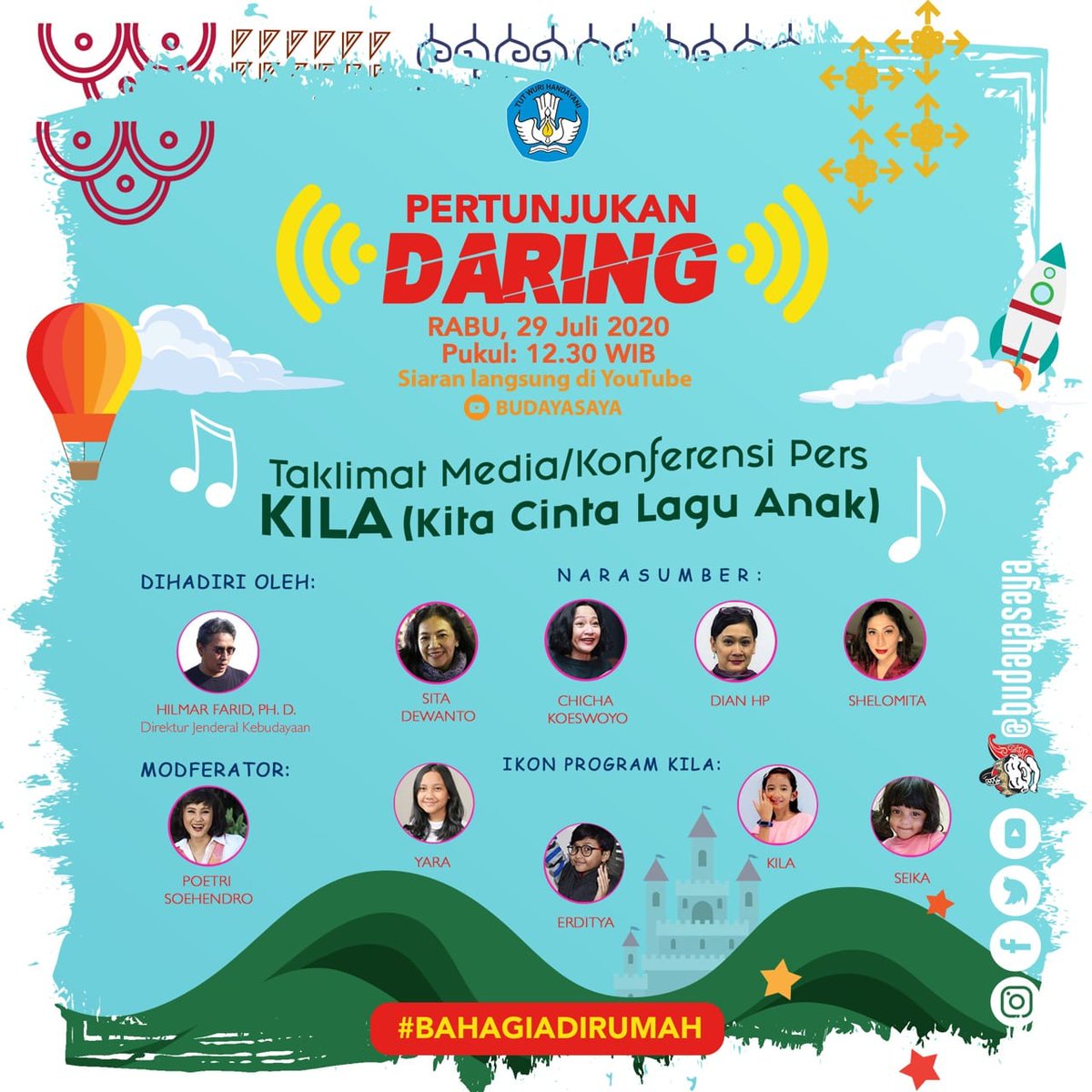 Assalamu'alaikum mamah papah, ayah bunda, bapak ibu. Yuk kita steycun di youtube BUDAYASAYA untuk nonton pertunjukan Daring Yukkkk! #KILA 
#KITACintaLaguAnak
#MerdekaBelajar 
<a href="/budayasaya/">Media Kebudayaan Indonesia</a> 
@kemendikbud_ri