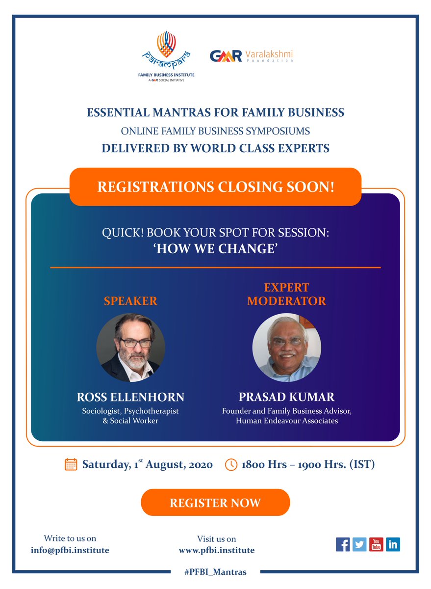 PFBIInstitute's tweet photo. HOW WE CHANGE: Embrace the goodness of adapting to change in life with @REllenhorn
Hurry now to https://t.co/ir20jzlWDK and register
#PFBI #OnlineSymposium #FamilyBusiness #PFBI_Mantras https://t.co/NW6W7rWO10