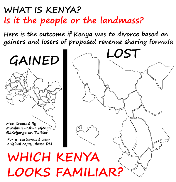 JKNjenga's tweet photo. WHAT IS KENYA?
X says population is more important than area.

He has never been outside his county, so he doesn't know how rest of Kenya looks like.

Here is the outcome if Kenya was to divorce based on gainers and losers of proposed revenue sharing.

Which Kenya looks familiar? https://t.co/OVcMgusmQy
