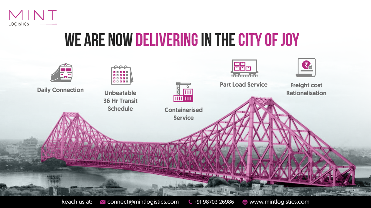 MINTLOGISTICS's tweet photo. #MintLogistics is happy to announce that we are now delivering to the City of Joy– Kolkata! With our commitment towards speedy, efficient, and disruption-free logistical solutions, enjoy safe and secure deliveries up till Siliguri via Kolkata! 

#Multimodal #SupplyChain #Freight https://t.co/63H7KOEktd