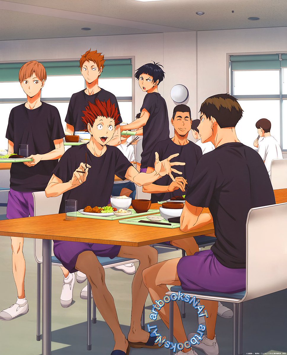 shiratorizawa eating in their cafeteria,, tendou looks so cute omg