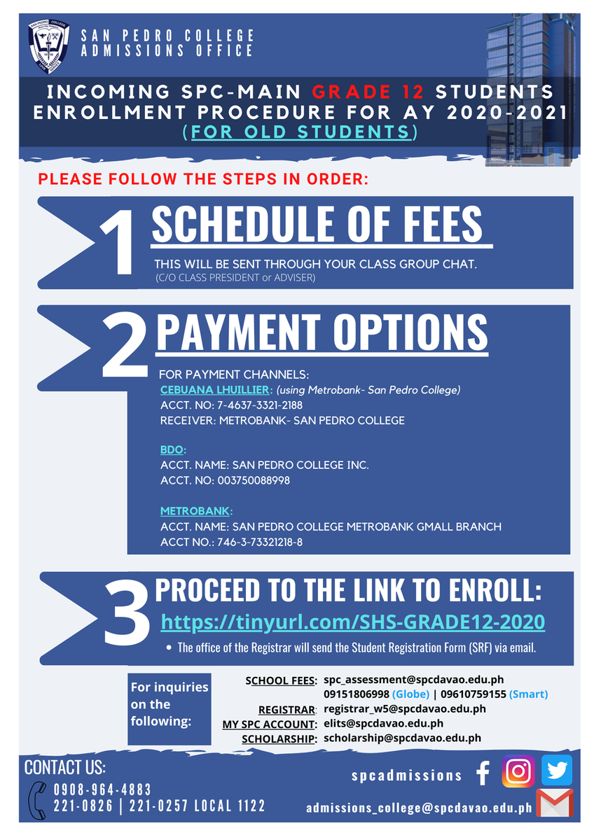 SPCadmissions's tweet photo. ‼️ ATTENTION Incoming SPC-MAIN GRADE 12 STUDENTS ENROLLMENT PROCEDURE FOR AY 2020-2021
(for OLD STUDENTS) ‼️

Please be guided. https://t.co/hpP42RxWvA