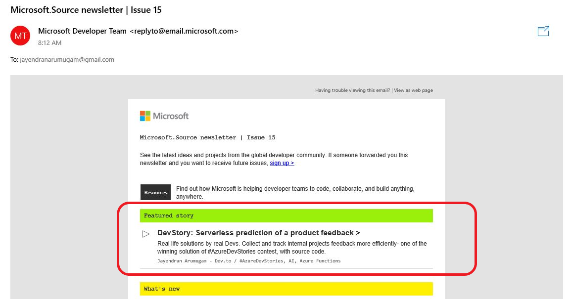 Jayendran_A's tweet image. Great honor that seeing my winning blog from #AzureDevStories , featured in the @msdev newsletter !!

@ThePracticalDev 

#serverless #developers #azure #EY #nextwave #buildingbetterworkingworld #bettertogether