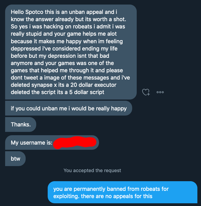 Spotco Robeatsdev On Twitter This Includes Being In Roblox Exploit Discords That Is Sufficient Evidence To Get You Banned So Don T Do It - roblox unbans discord