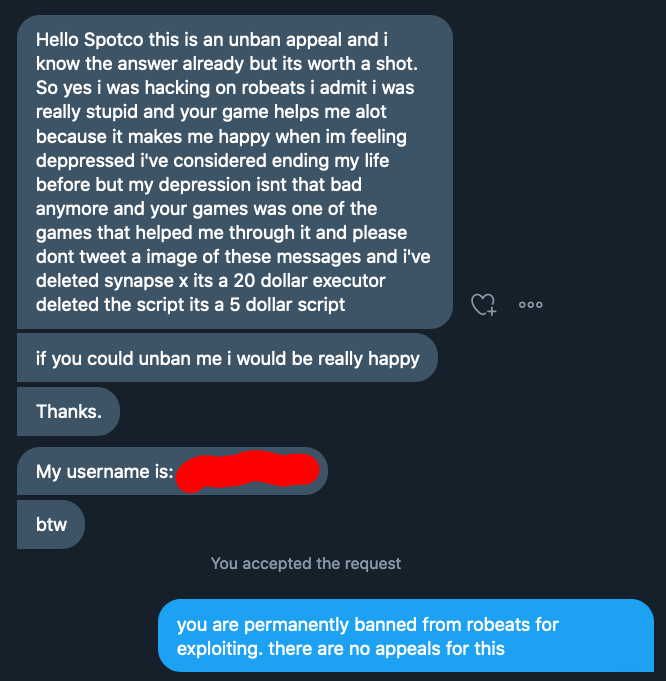 Spotco Robeatsdev On Twitter Reminder Don T Exploit You Will Be Caught We Re Constantly Improving Our Detection Systems And There Are No Appeals For Bans Just Say No Https T Co Udfcvkqfv1 - roblox robeats exploit