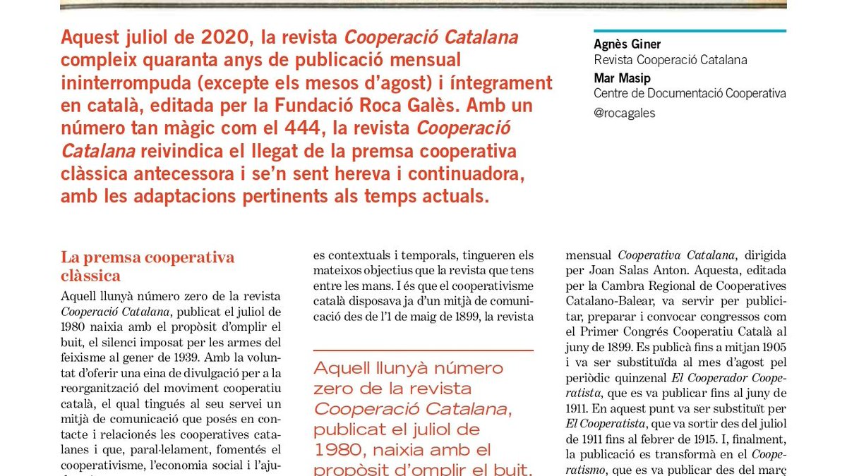 Al llarg d'aquests 40 anys la revista Cooperació Catalana ha pretès informar dels principals fets del cooperativisme català. 

Actualment s'ha impregnat de les economies transformadores, de la mà del cooperativisme. 

Seguim amb força! 💪#40anysCooperacióCatalana