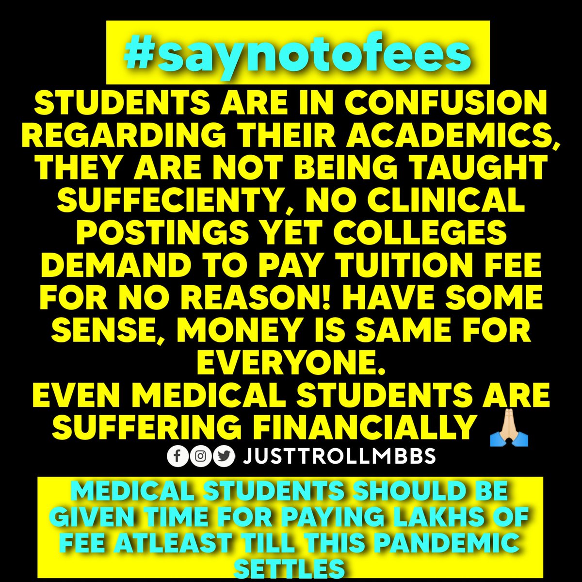 _DrJTM's tweet photo. Please government and concerned authorities! Look into this issue! #saynotofees #SayNoToFees
@drharshvardhan @PMOIndia @KTRTRS @JayGalla @bandisanjay_bjp @IMA_MSNIndia @RahulGandhi @ANI @CNBCTV18News @NewIndianXpress @IndiaToday @timesofindia @TimesNow @htTweets @ABPNews @ysjagan https://t.co/fAAMePUCV3