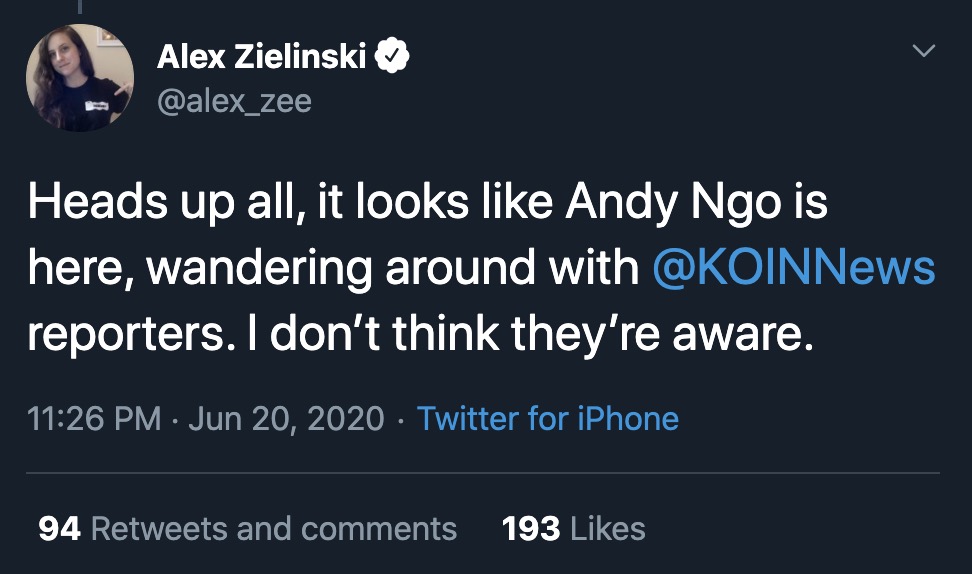When I was reporting on Portland riots undercover, the Portland Mercury news editor, Alex Zielinski, was informed of my whereabouts by antifa sources who had been stalking me. She then stated my location publicly, endangering myself & those around me.  http://archive.vn/mk5JE 