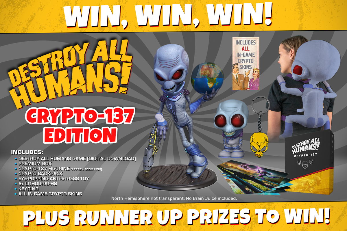 To celebrate the release of Destroy All Humans!, we have a Crypto-137 Edition to giveaway that's out of this world! We also have a DNA Collector's Edition to giveaway as well! ๐ฝ
For your chance to WIN, like this post and RT! GOOD LUCK EARTHLINGS! ๐ธ https://t.co/pKtYApQCyh