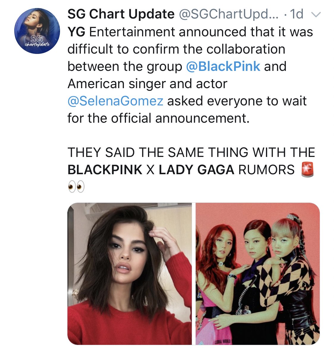 This wasn’t noticed until 5 days later when a reliable Korean source reported the BLACKPINK collab was to be with Selena Gomez.  @ygent_official announced to wait for an official confirmation, which was also said before a collab was officially announced with Lady Gaga