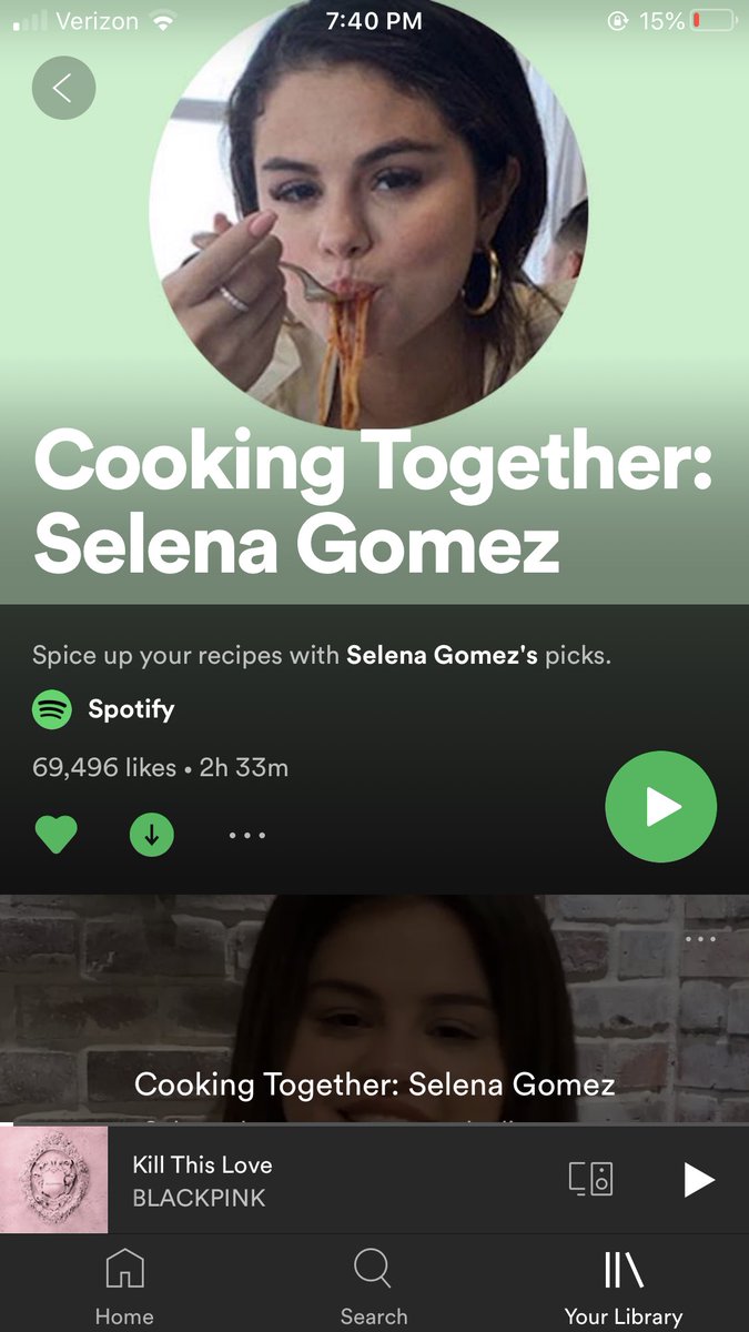 Selena has added BLACKPINKs ‘Kill This Love’ on her cooking playlist as she did with Trevor Daniels ‘Past Life’ before their collaboration came out.  https://open.spotify.com/playlist/37i9dQZF1DXbsBJjB1rYeM?si=SPNdR6jqS1WG30y5YZ84yA