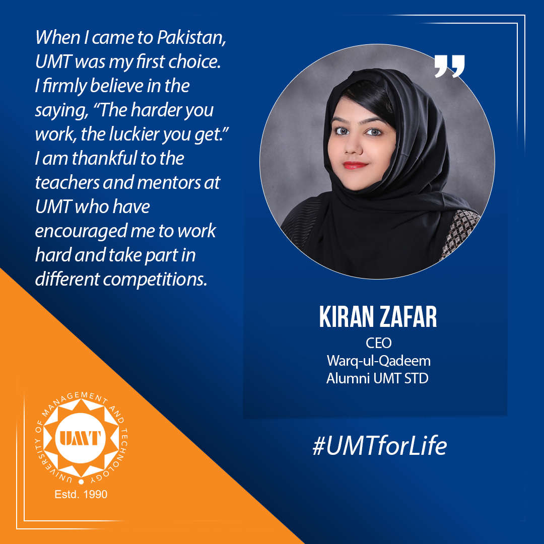 UMTOfficial's tweet photo. When I came to Pakistan, UMT was my first choice. I firmly believe in, “The harder you work, the luckier you get.” I am thankful to the teachers and mentors at UMT who have encouraged me

Kiran Zafar, Class of 2017 · Master of Textile Design

#myUMT #UMTforLife #UMTians https://t.co/d96LlPukm2
