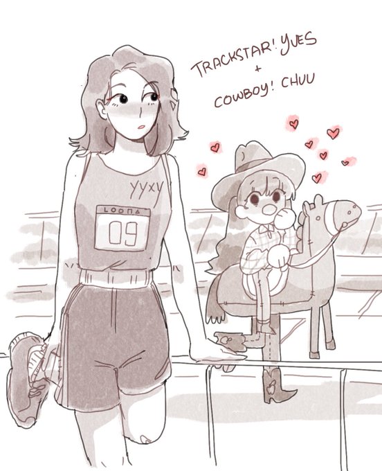 kofi request!! a lovely lovely person asked for trackstar!yves or cowboy!chuu so i just did both yeehaw #loonafanart #kofidoodles #chuuves 