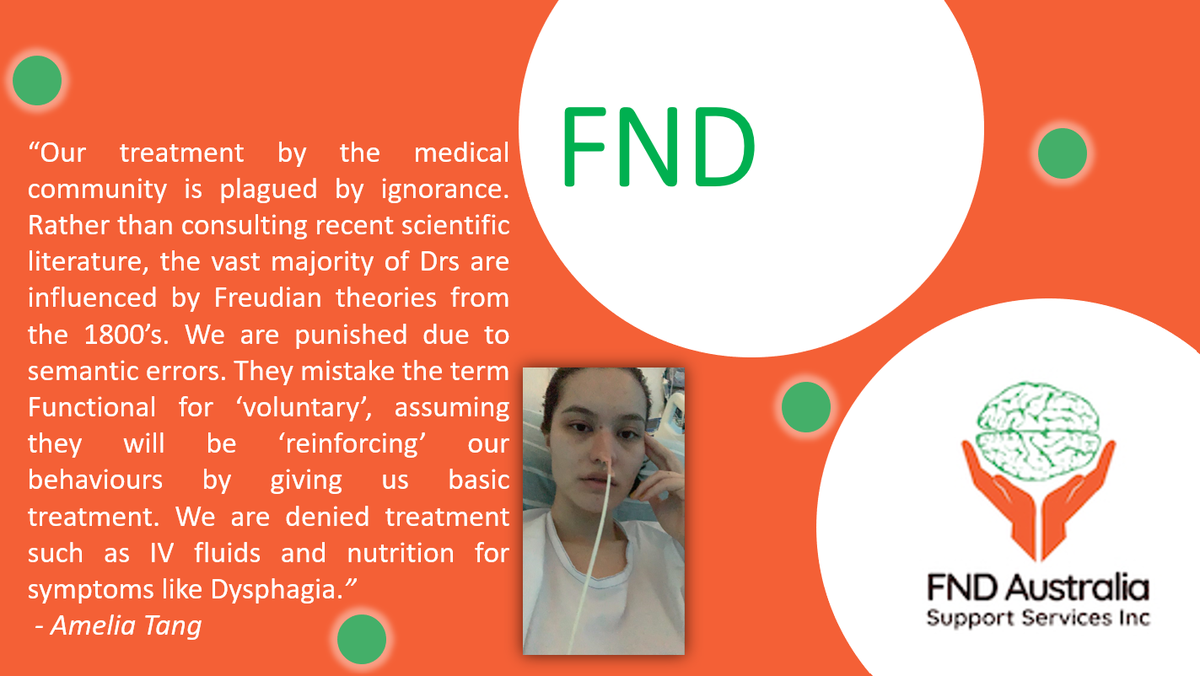 FNDAus's tweet photo. People with FND can need life saving medical interventions. Historical misperceptions must not impact patient care. People with FND may lose the ability to swallow-IV Fluids &amp; NG feeds = life saving. Denial of this, places people at risk of death &amp; compromises their health. https://t.co/YKwm64ZBtr