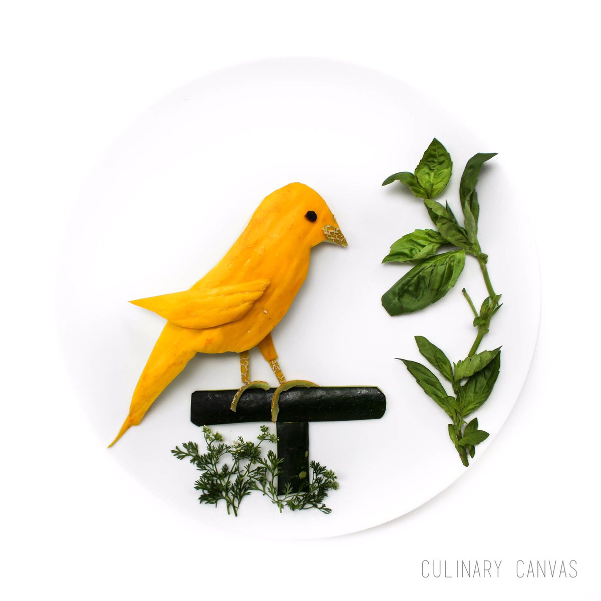 LoPurnell's tweet photo. Had a melon, made a canary! There’s just something about summer fruits that makes me so excited to create 🎨 so many insane, naturally-occurring colours. Entire piece made from: melon, courgette (zucchini), basil and parsley. #culinarycanvas https://t.co/Z0mwwXnMQs