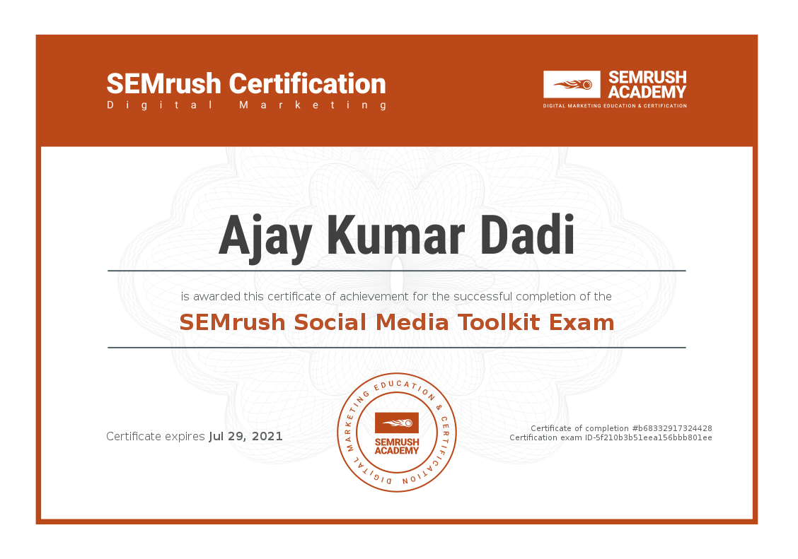 Dadi_AjayKumar's tweet photo. I’m awesome! I’ve passed the exam at the #SEMrushAcademy and earned my own certificate! Get certified too! #SEMrush #SEMrush #SocialMediaToolkitExam #DigitalMarketing #Digitallifehub #DigitalAjayKumar
Visit: 🌐https://t.co/54maJxop04 https://t.co/R03l2gMSXN