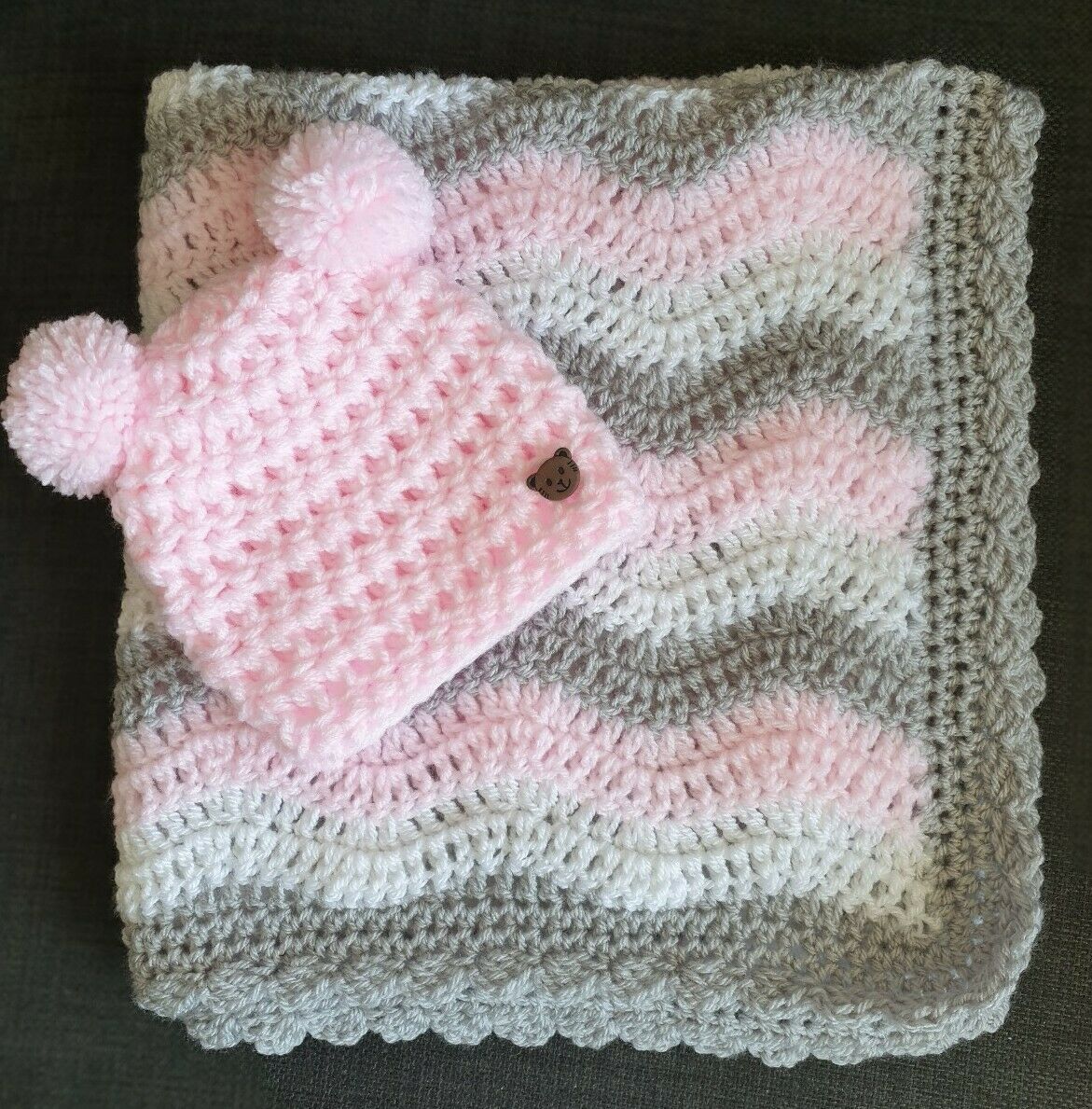 #earlybiz Handmade crochet ripple baby blanket + bear pompom hat - white/grey/pink. ebay.co.uk/itm/1539048662… #Baby #giftideas