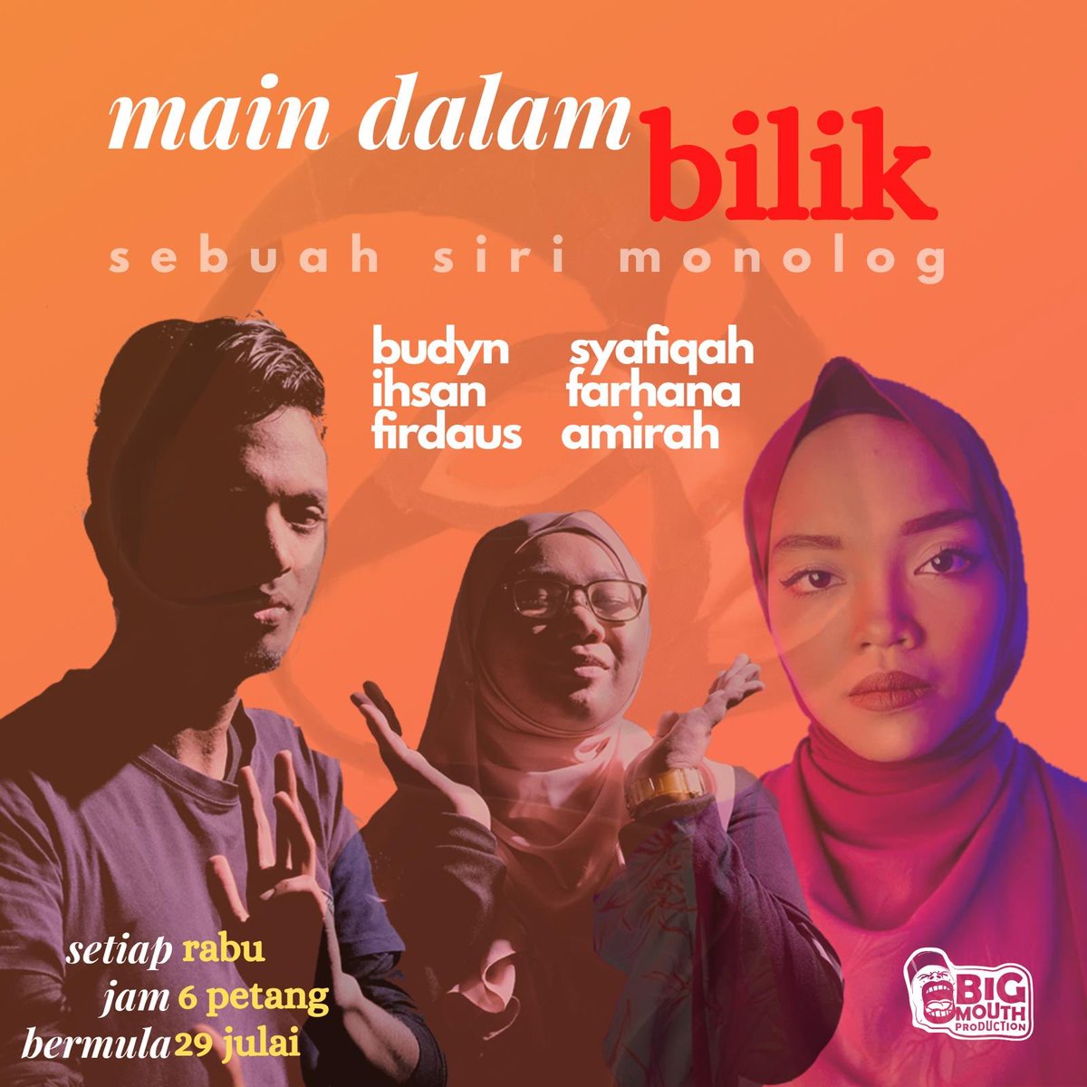 bmpsgpr's tweet photo. "Main Dalam Bilik" 
.
Dalam masa yang mendorong kami untuk memperasahkan kreativiti dari kotak kecil, Bmp kini menerbitkan sebuah projek monolog bersiri buat julung-julung kalinya.
.
#bmpsgpr #bigmouthproduction #biarmulotbesarasalhatibaik https://t.co/x5R6IH7r0i