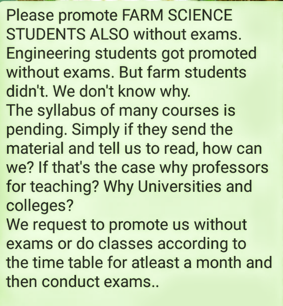 rajesh_raajz's tweet photo. Please promote FARM SCIENCE STUDENTS without exams.

Please support us.

@CMofKarnataka @icarindia @bcpatilkourava @nimmasuresh @drashwathcn @KirikKeerthi 
@UASBangalore @tv9kannada @publictvnews @suvarnanewstv @nstomar @btvnewslive 
#savefarmsciencestudents
#saveagrarians https://t.co/0pY8W32DI8