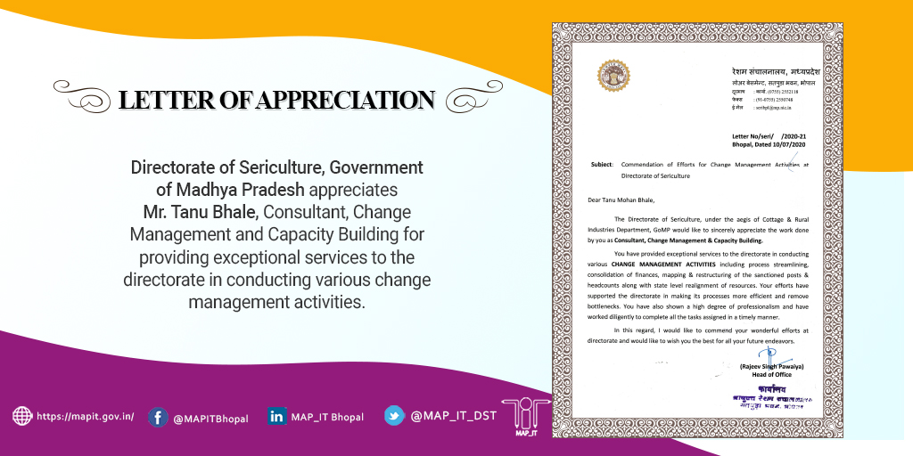 #LetterofAppreciation #DepartmentofSericulture #GoMP #ChangeManagement #CapacityBuilding #MAPIT