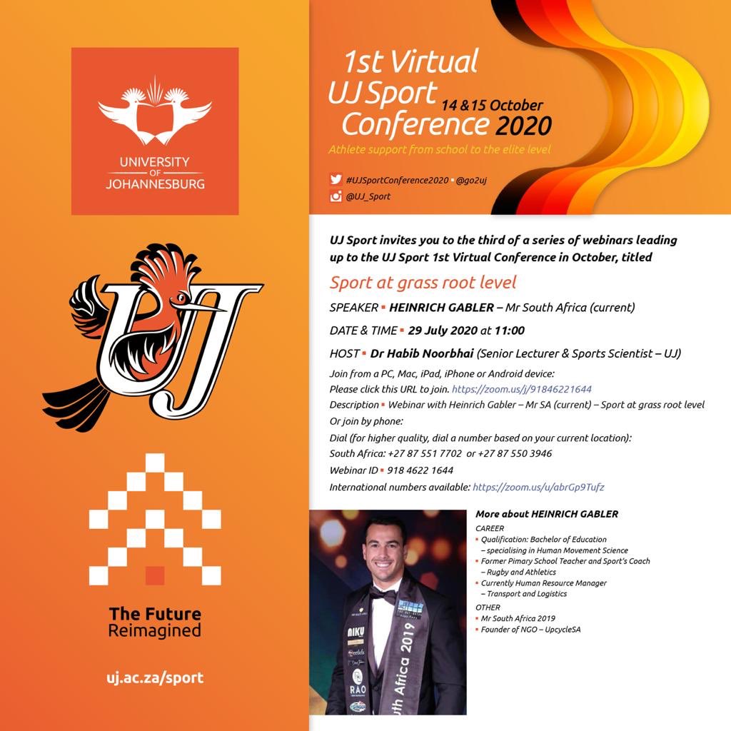 In a lead up to our 1st Virtual Sports Conference in Oct 2020, I will be hosting webinars with distinguished personalities.
 
Today (29 July) is the 3rd webinar, and I have the privilege of speaking to good friend and fellow Mr SA <a href="/GablerHeinrich/">Heinrich Gabler</a> @ 11am: zoom.us/j/91846221644