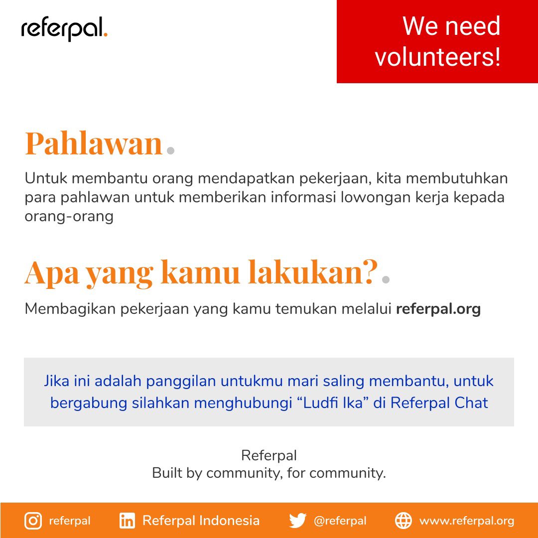 referpal's tweet photo. Referpal sedang berusaha memberikan informasi pekerjaan dan terima kasih kepada para pahlawan kami Ganjar Setia, Sophie Linardi, Adista Chrisna, @NathPribady, Suciana Galih Prasti, Jane Marlen Von Rabenau, dan pahlawan lainnya yang telah berpartisipasi mengembangkan Referpal https://t.co/DN2DrQn8lP