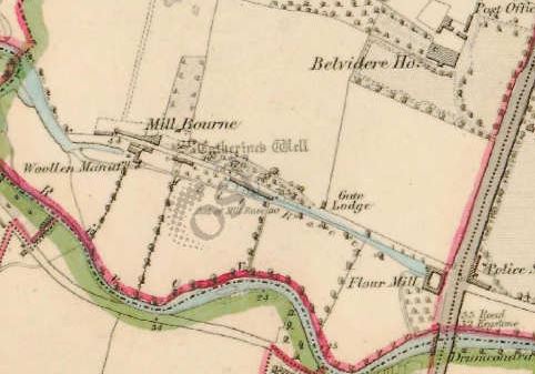 By the 1st edn OS we can see a 'woollen manuf.' and the flour mill, apparently using the same mill race /3
