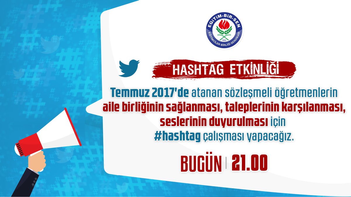 📢 TWITTER ETKİNLİĞİ

#Temmuz2017'de atanan sözleşmeli öğretmenlerin aile birliğinin sağlanması, taleplerinin karşılanması, seslerinin duyurulması için #hashtag çalışması yapacağız.

🗓️ Bugün [29.07.2020]
🕘 21.00
