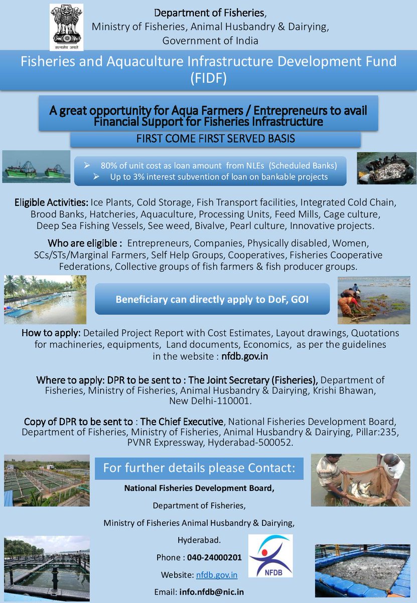 Excellent Opportunity. All Categories of Stakeholders Eligible!!
A great opportunity to avail Financial Support for Fisheries Infrastructure under Fisheries and Aquaculture Infrastructure Development Fund . Visit nfdb.gov.in for all details.<a href="/FisheriesGOI/">Department of Fisheries, Min of FAH&D</a> <a href="/Suvarnach5/">Suvarnaifs</a>