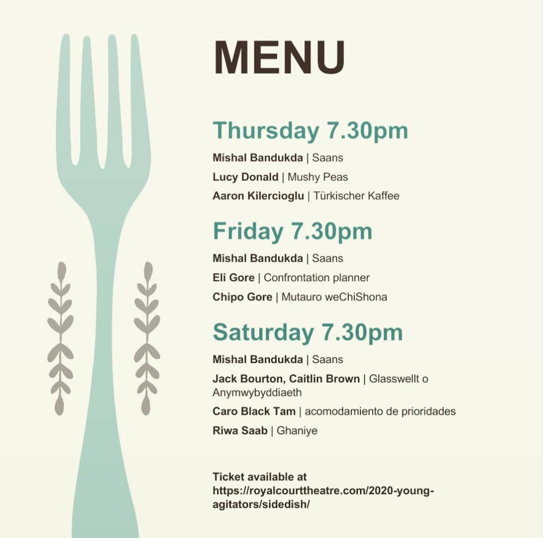 Check out this weeks Side Dish Menu - we are so excited for you to join us in experiencing these beautiful words! Designed by our very own <a href="/royalcourt/">Royal Court</a> young agitator <a href="/bourton_jack/">Jack Bourton</a> !  instagram.com/p/CDOUY_XHBWV/…