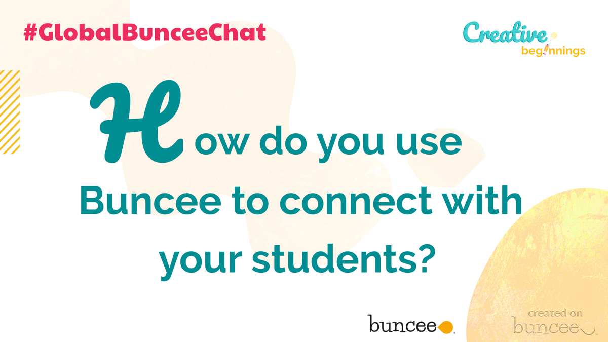 The second question is coming
How do you use Buncee to connect with your students?
#GlobalBunceeChat 
<a href="/Buncee/">Buncee</a> @JimInTheGymPE <a href="/eda_gimenez/">Eda Gimenez</a> @BunceeSooj <a href="/Rdene915/">Dr. RACHELLE DENÉ POTH |ThriveinEDU #AI #AIinEDU</a> <a href="/BunceeBryan/">Bryan Gorman</a> <a href="/gabbycreates/">Gabby</a>