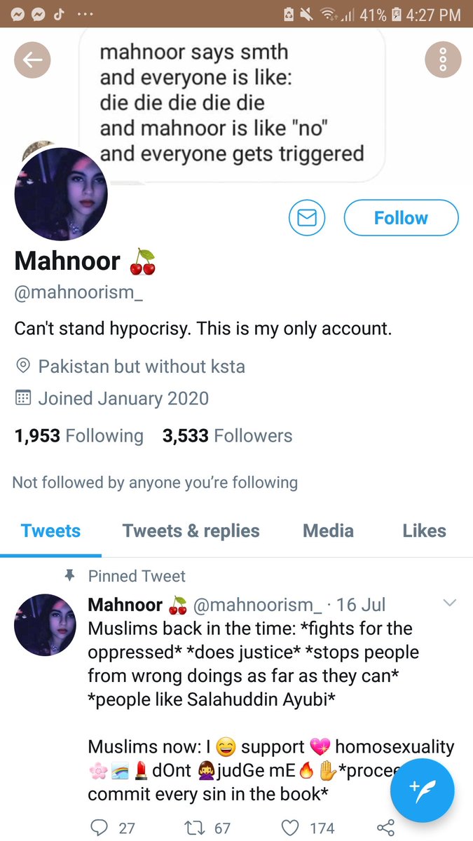 that as evidence to persecute him. either way, she spreads hatred against lgbt and atheists way too often, both communities are minorities which aren't accepted in pakistan and live in fear. so please report her account. thank you. @/mahnoorism_