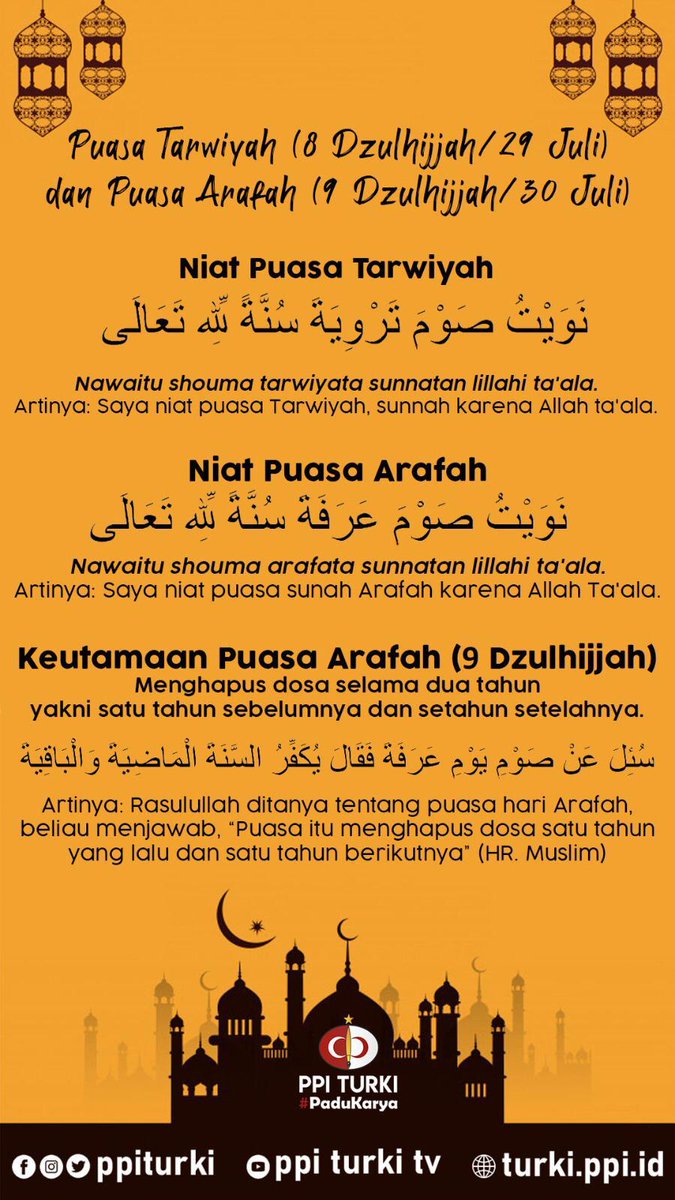 PPIKonya's tweet photo. Besok hari kamis 30 Juli bertepatan juga dengan 9 Dzulhijjah 1441 H, jangan lupa puasa arafahnya ya teman teman💫

Sayang kan kalo ketinggalan keutamaan puasanya yaitu menghapus dosa satu tahun yang lalu dan satu tahun berikutnya

Semoga lancar puasanya hihi https://t.co/l9auaePbpz