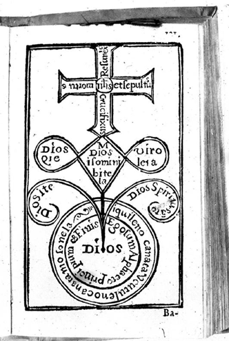 SaratogaAaron's tweet photo. Question for all you smart people. Has anyone ever seen an image like this before? (It is from a 1635 Timucua catechism.) It is a visual illustration of the Trinity, Virgin Birth, and crucifixion. Would like to identify any antecedents. #timucua #oldflorida #ColonialMexico https://t.co/46SgFbQpkq