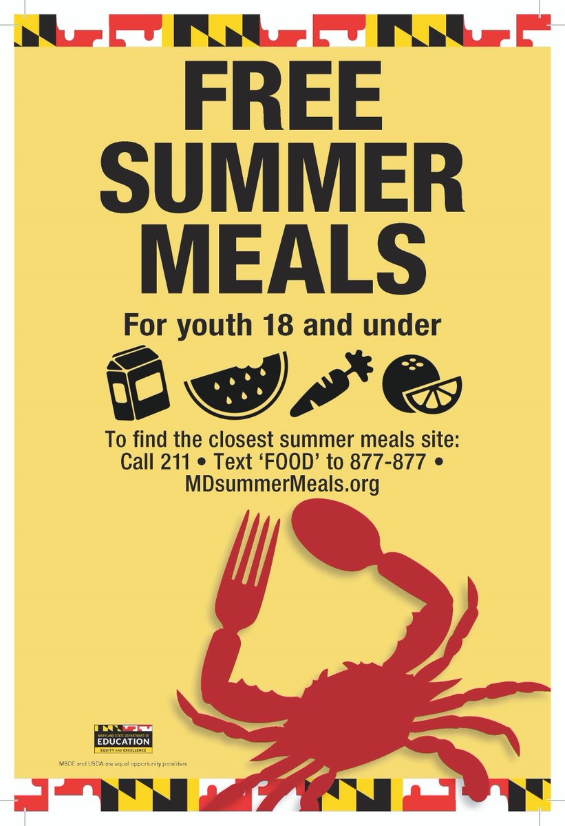 CouncilmanETC's tweet photo. REMINDER - free summer meals for youth aged 18 and under. Call 211 for the closest summer meals site, or text 'FOOD" to 877-877. https://t.co/qLpdRjgHz9