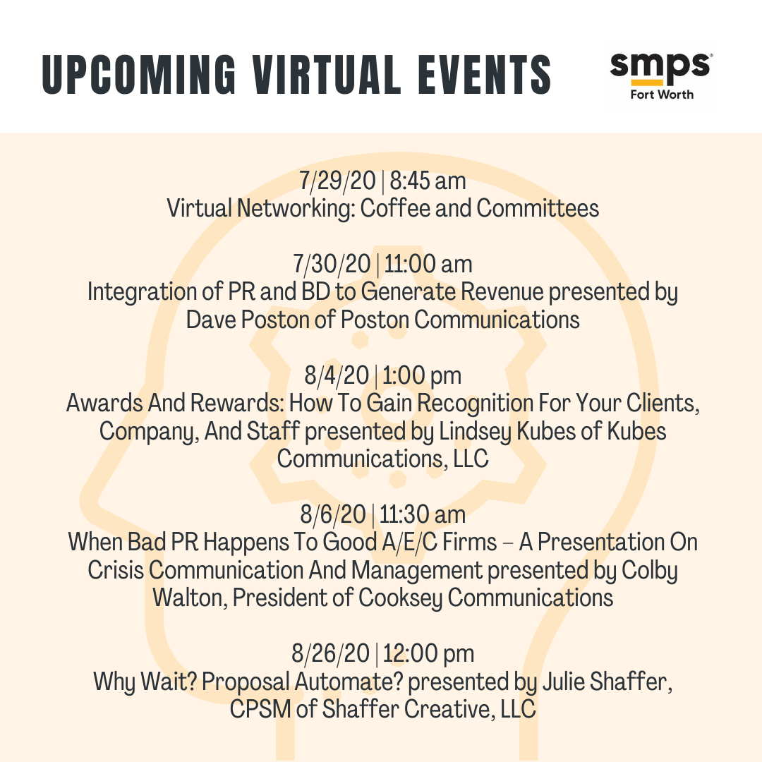 SMPS Fort Worth misses ALL of you, but we are excited to share these upcoming virtual offerings. Links to these events can be found here:  ow.ly/Obty50AIpEp