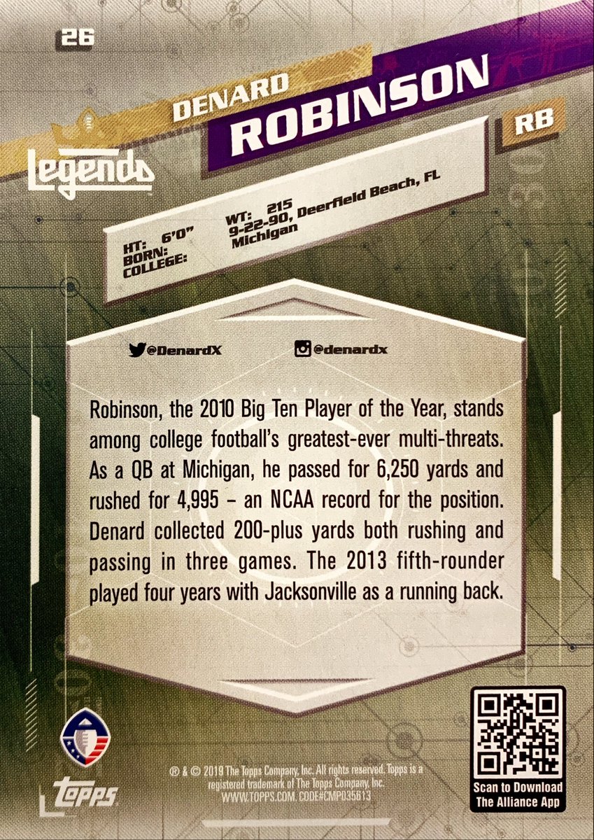 AAFCards's tweet photo. Played 7 games in the Alliance, with 24 rushes for 66 yards and a TD. Also caught 7 passes for 37 yards. Also played for #NFL #JacksonvilleJaguars.

Denard Robinson #AtlantaLegends - 2019 #Topps #AAF #26

#AAFCards #TradingCards #AllianceOfAmericanFootball #Football https://t.co/55Y5wp7ofc