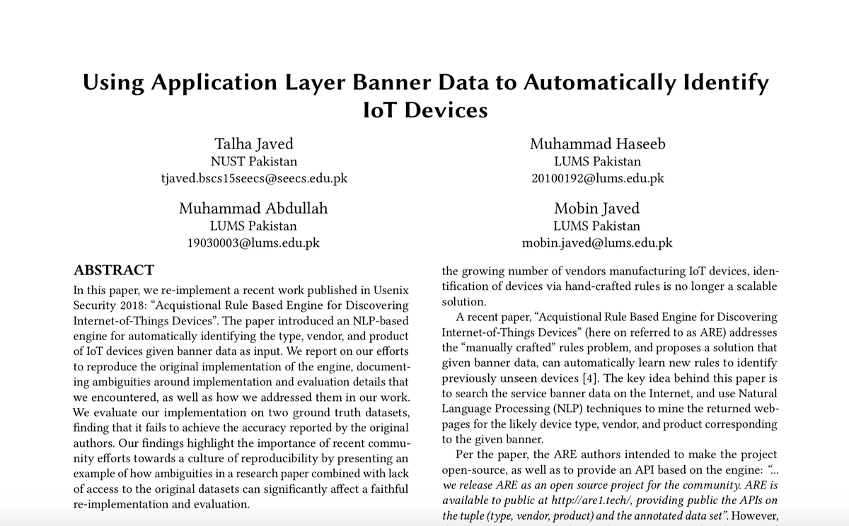 Our reproducibility track work on identifying IoT devices is now online in the July 2020 issue of <a href="/ACMSIGCOMM/">ACM SIGCOMM</a> CCR. You can also get a copy of the article here: web.lums.edu.pk/~mobin/publica…