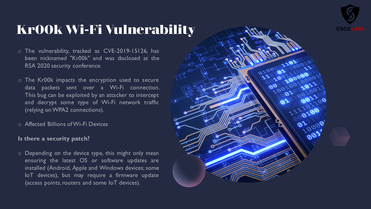 CsccLabs's tweet photo. Kr00k a serious vulnerability in Broadcom and Cypress Wi-Fi chips affects billions of client devices, Wi-Fi Access points and routers. https://t.co/9YU6yiIV7K