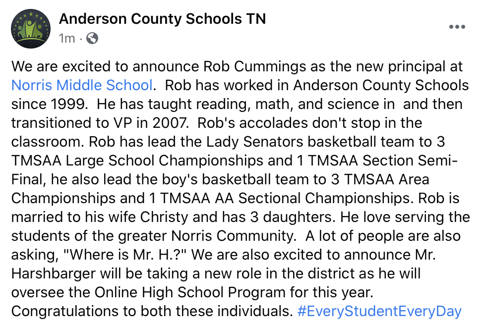 ACSchoolsTN's tweet photo. Congratulations to Rob Cummings and Jeff Harshbarger on their new positions. #EveryStudentEveryDay https://t.co/OLEajCQGVY