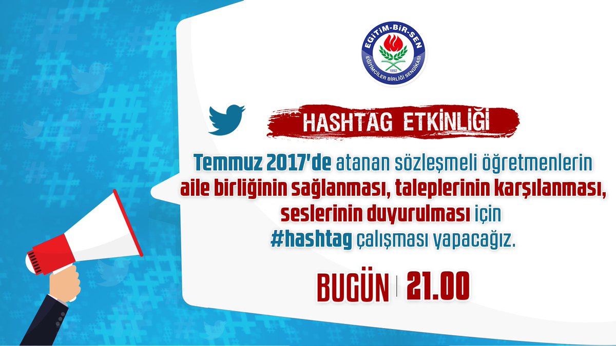 <a href="/EgitimBirSen/">Eğitim-Bir-Sen</a> TWITTER ETKİNLİĞİ #Temmuz2017'de atanan sözleşmeli öğretmenlerin aile birliğinin sağlanması, taleplerinin karşılanması, seslerinin duyurulması için #hashtag çalışması yapacağız. 

Bugün [29.07.2020] 

21.00