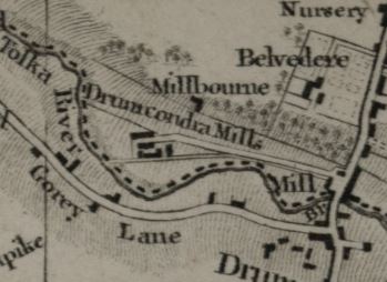 Taylor's 1816 map of the same location shows the complex of 'Drumcondra Mills' (probably site of the linen manufactory) and a second (flour?) mill at the bridge. The meanders on the river appear more pronounced - how reliable are our cartographers? /2