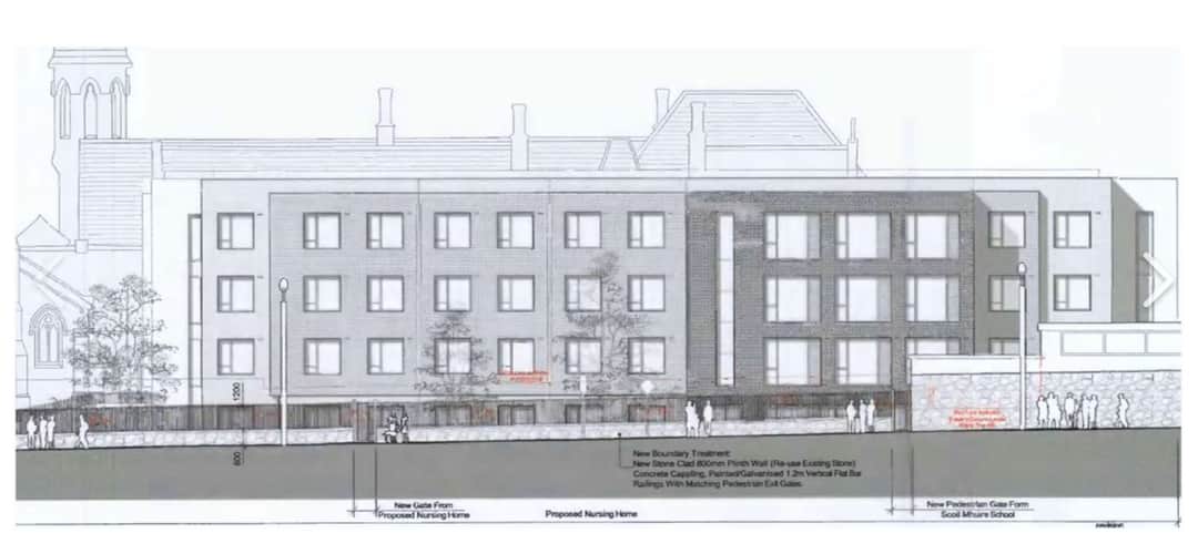 SavetheConvent's tweet image. A  4-storey, 155 bedroom for-profit nursing home will go on the children’s playing field beside Scoil Mhuire.#Bartra will own everything:the convent, the new buildings &amp;amp;all the land.Bartra are responsible for the new concept,co-living.We call it tenement  living.A modern tenement
