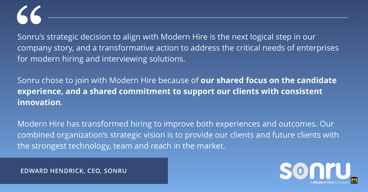 Sonru's tweet photo. Why did Sonru decide it was the right time to expand opportunities within the HR and Recruitment industry? @ehendrick, Sonru CEO, reflects on the journey so far and gives insight into why Sonru has joined forces with @ModernHire: https://t.co/7iCsfPmEZn https://t.co/L3Q0aklIzH