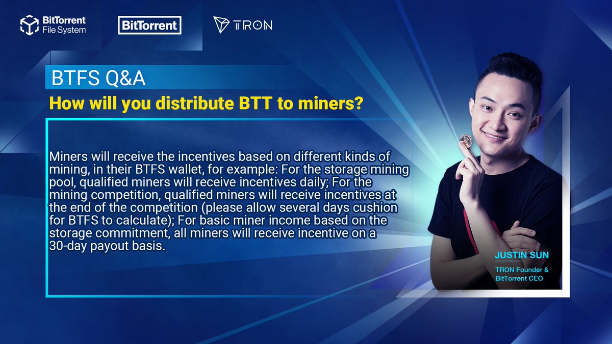 TronDao_JPN's tweet photo. #BTFSClass Q&A
#BTT をマイナーにどのように配布しますか?
✅マイナーは、#BTFS ウォレットでさまざまな種類のマイニングに基づくインセンティブを受け取ります
✅ストレージマイニングプール、毎日のマイニングコンテスト終了時に配布します
✅基本的なマイナーは30日間ごとに配布されます https://t.co/j64fqdVy7p